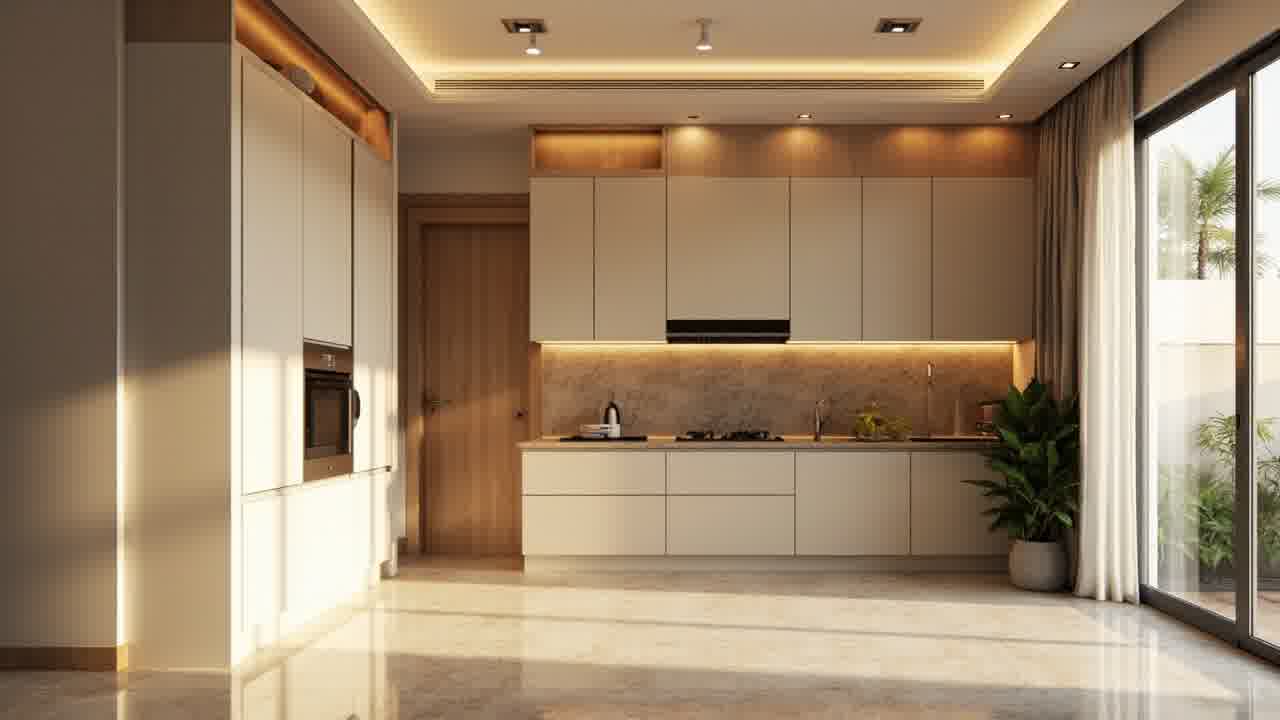 Material interior modern — kitchen cabinet, panel HPL, lantai vinyl SPC, plafon gypsum