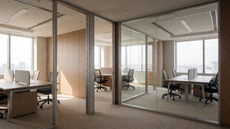 Ruang kantor modern Jakarta dengan partisi kaca tempered dan dinding aluminium kontemporer, desain profesional minimalis dengan meja kerja dan pencahayaan alami