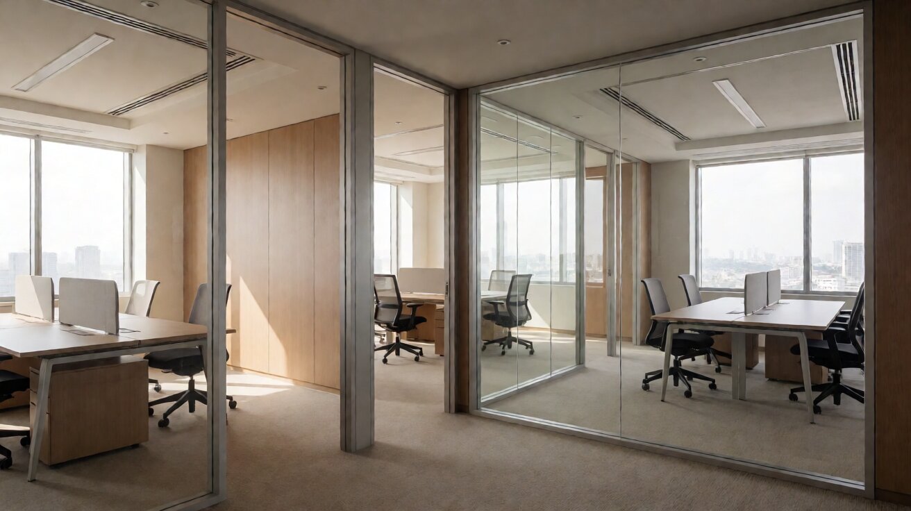 Ruang kantor modern Jakarta dengan partisi kaca tempered dan dinding aluminium kontemporer, desain profesional minimalis dengan meja kerja dan pencahayaan alami