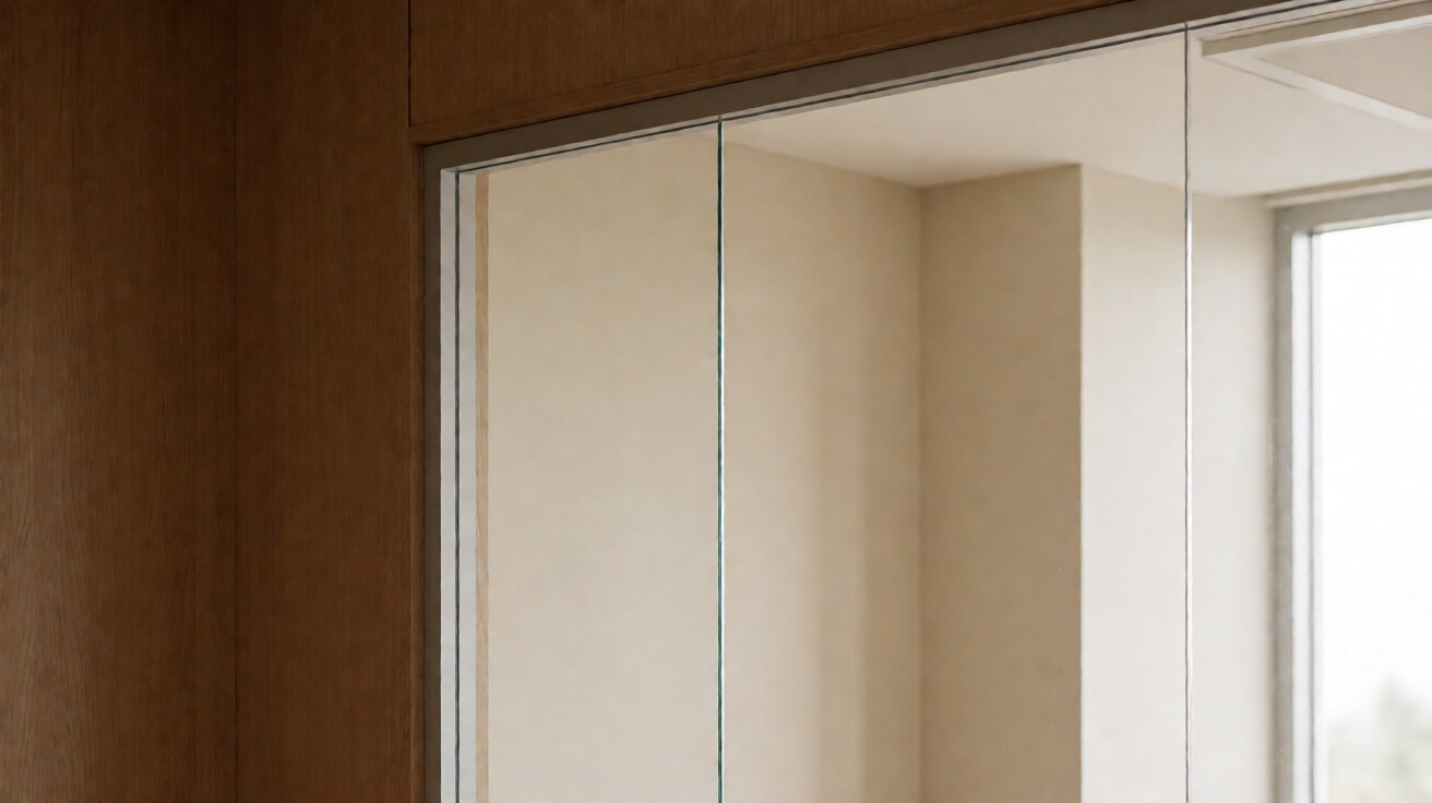 Close up detail sambungan partisi kaca tempered dengan frame aluminium untuk ruang meeting kantor