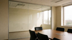 Ruang meeting kantor modern dengan partisi kaca tempered dan dinding aluminium, dilengkapi meja rapat kayu dan kursi kantor, pencahayaan terang alami