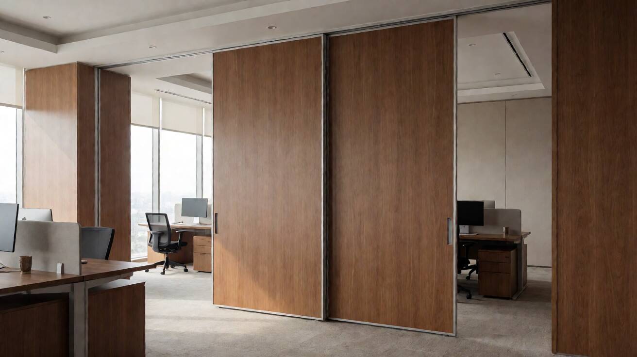Detail movable wall panel geser kayu dengan rel aluminium untuk pembatas ruang kantor modern