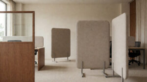 Ruang kantor modern dengan standing divider fabric akustik sebagai pembatas area kerja, desain terbuka dengan pencahayaan alami