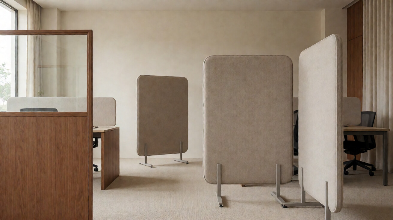 Ruang kantor modern dengan standing divider fabric akustik sebagai pembatas area kerja, desain terbuka dengan pencahayaan alami
